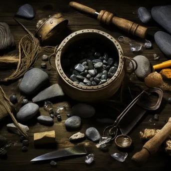 Still life composition of fishing tools and weir artifacts - Image 3