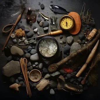 Still life composition of fishing tools and weir artifacts - Image 4