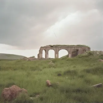 Deserted ancient ruins being reclaimed by nature under a dusky sky - Image 1