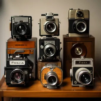 Vintage film camera collection in black and white - Image 2