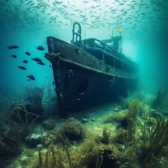 Sunken Warship Wreckage with Seaweed and Fish