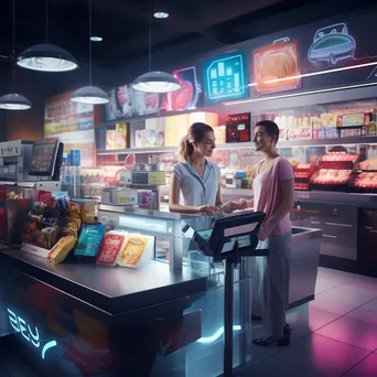 Checkout area in a supermarket with snacks and a friendly cashier. - Image 1