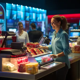 Checkout area in a supermarket with snacks and a friendly cashier. - Image 3