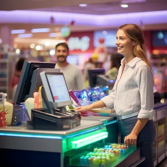 Checkout area in a supermarket with snacks and a friendly cashier. - Image 4