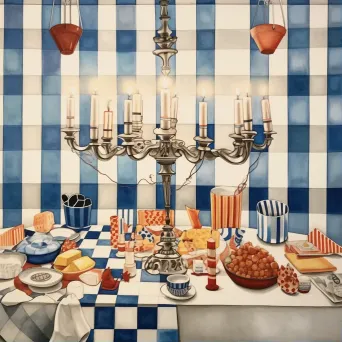 Image of a Hanukkah celebration with a menorah, dreidels, and latkes on a decorated table - Image 1