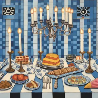 Image of a Hanukkah celebration with a menorah, dreidels, and latkes on a decorated table - Image 3