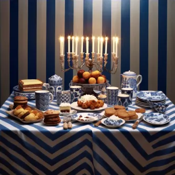 Image of a Hanukkah celebration with a menorah, dreidels, and latkes on a decorated table - Image 4