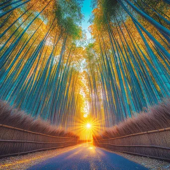 Panoramic view of bamboo forest during sunrise - Image 1