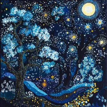 Whimsical night sky depicted with bold textile art patterns mimicking constellations - Image 3