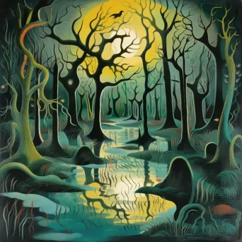 Image of an eerie swamp at twilight with twisted trees - Image 3