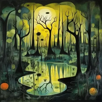 Image of an eerie swamp at twilight with twisted trees - Image 4