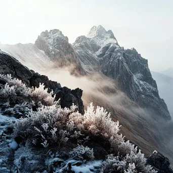 Rocky mountain ridge covered in frost and mist - Image 4