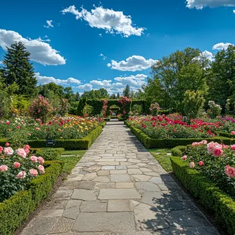 Manicured rose garden with stone pathways. - Image 1