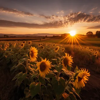 A sunflower field glowing in golden light at sunset. - Image 1