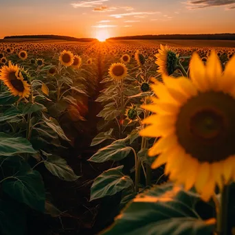 A sunflower field glowing in golden light at sunset. - Image 2