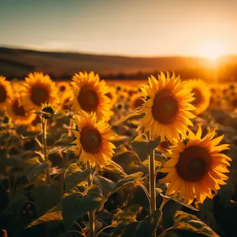 A sunflower field glowing in golden light at sunset. - Image 4