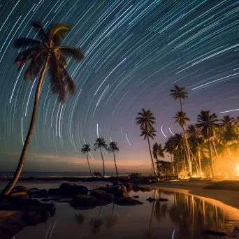 Star trails dancing above a tranquil beach with palm trees - Image 1