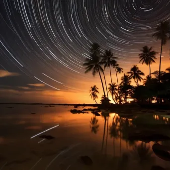 Star trails dancing above a tranquil beach with palm trees - Image 3