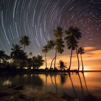 Star trails dancing above a tranquil beach with palm trees - Image 4