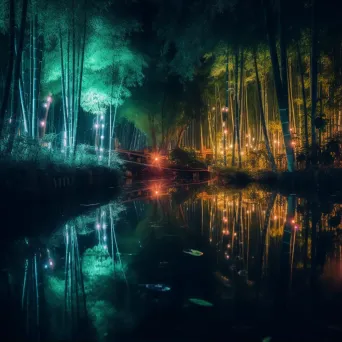 Bamboo forest at twilight with neon fireflies and reflective pond - Image 1