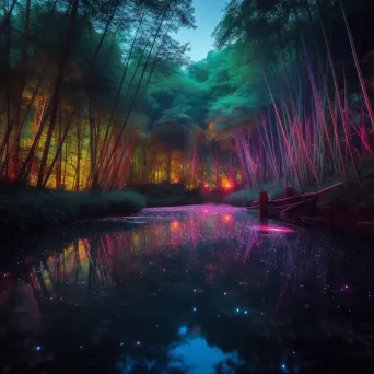 Twilight Bamboo Forest and Neon Fireflies