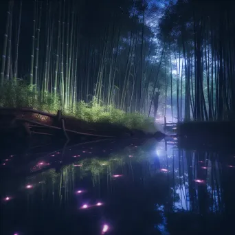 Bamboo forest at twilight with neon fireflies and reflective pond - Image 4