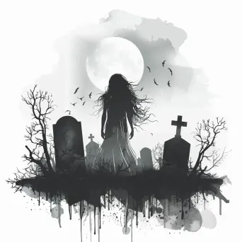 Ethereal ghost girl in misty graveyard, tombstones, moon Halloween logo - Image 4