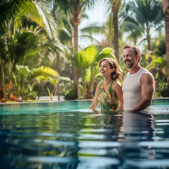 Couple practicing water aerobics in a tropical resort pool - Image 2