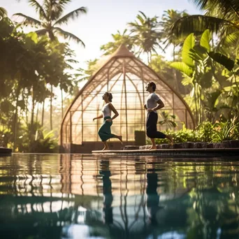 Couple practicing water aerobics in a tropical resort pool - Image 4