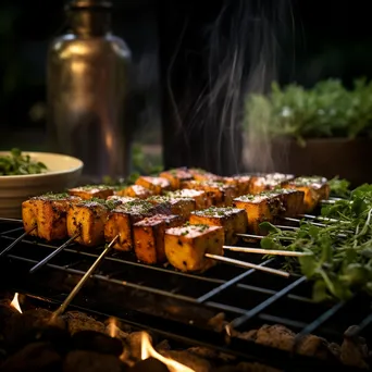 Marinated tofu skewers grilling with herbs at a backyard BBQ - Image 2