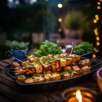 Marinated tofu skewers grilling with herbs at a backyard BBQ - Image 3