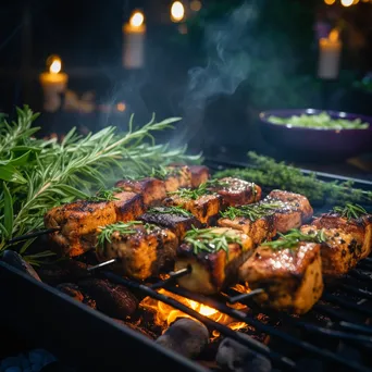 Marinated tofu skewers grilling with herbs at a backyard BBQ - Image 4