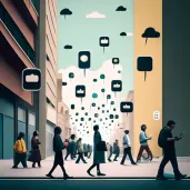 Image of a busy street filled with people looking at their phones, with social media icons floating around them - Image 1