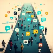 Image of a busy street filled with people looking at their phones, with social media icons floating around them - Image 2