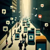 Image of a busy street filled with people looking at their phones, with social media icons floating around them - Image 3