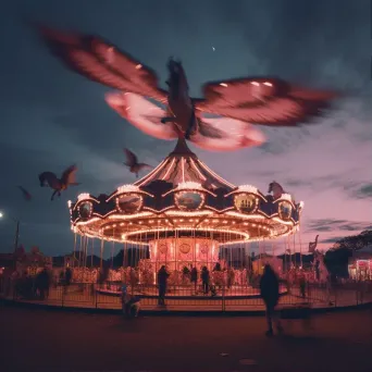 Surreal carnival at dusk with winged horses and giant moon - Image 1