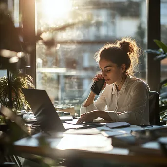 An office worker multitasking with phone and laptop in a bright office. - Image 1