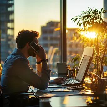 An office worker multitasking with phone and laptop in a bright office. - Image 3