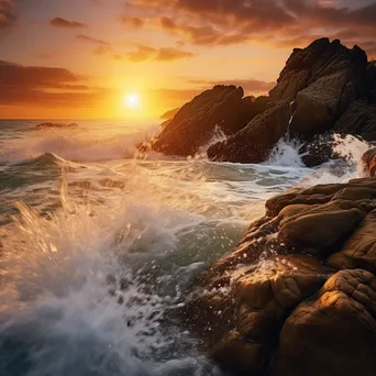 Dramatic sunset ocean waves illuminated with golden light crashing against rugged rocks. - Image 2