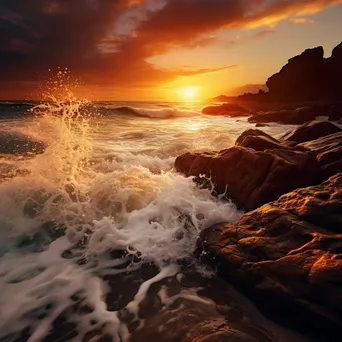 Dramatic sunset ocean waves illuminated with golden light crashing against rugged rocks. - Image 3