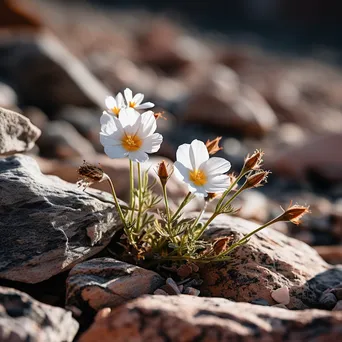 Delicate desert flowers growing among rugged rock formations - Image 1