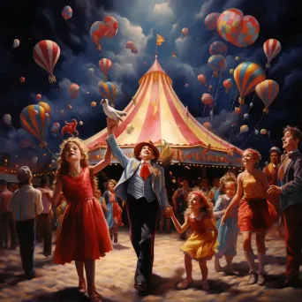 Colorful circus performers entertaining a crowd under a big top with cotton candy vendor - Image 1