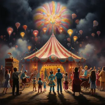 Colorful circus performers entertaining a crowd under a big top with cotton candy vendor - Image 2