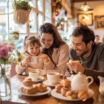 A family sharing pastries and drinks in a bright and cheerful café. - Image 2