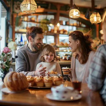 A family sharing pastries and drinks in a bright and cheerful café. - Image 3