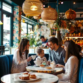 A family sharing pastries and drinks in a bright and cheerful café. - Image 4