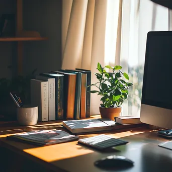 Inspiring desk setup with computer, books, and plant in bright sunlight. - Image 1