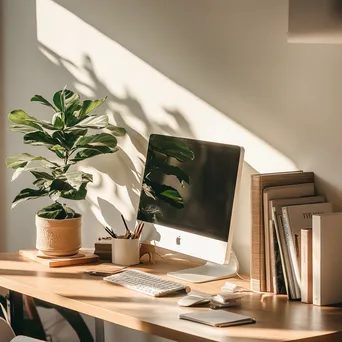 Inspiring desk setup with computer, books, and plant in bright sunlight. - Image 4