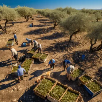 Aerial shot of workers harvesting olives in a picturesque olive grove. - Image 4