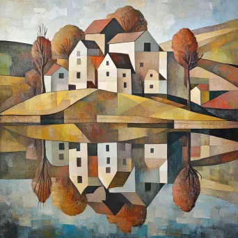 A cubist rendering of a rural hamlet during a vibrant autumn season, with reflections in a pond - Image 1